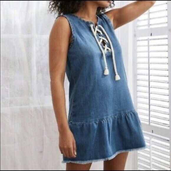 Aerie Chambray Shift Denim Dress Women's‎ Small Blue Lace Up Tassleed Peplum - Picture 1 of 12